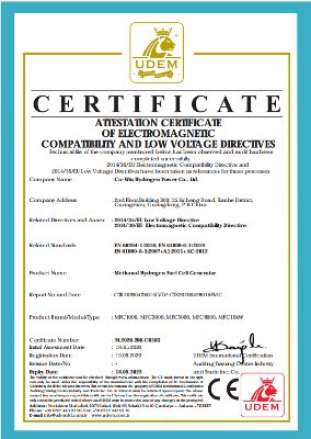 Electromagnetic compatibility directive attestation certificate for CO-WIN hydrogen fuel cell generator