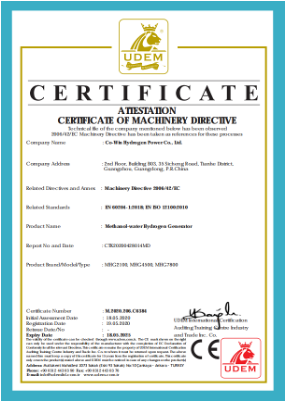 Machinery directive attestation certificate for CO-WIN methanol-water hydrogen generator