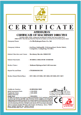 Machinery directive attestation certificate for CO-WIN methanol hydrogen fuel cell generator