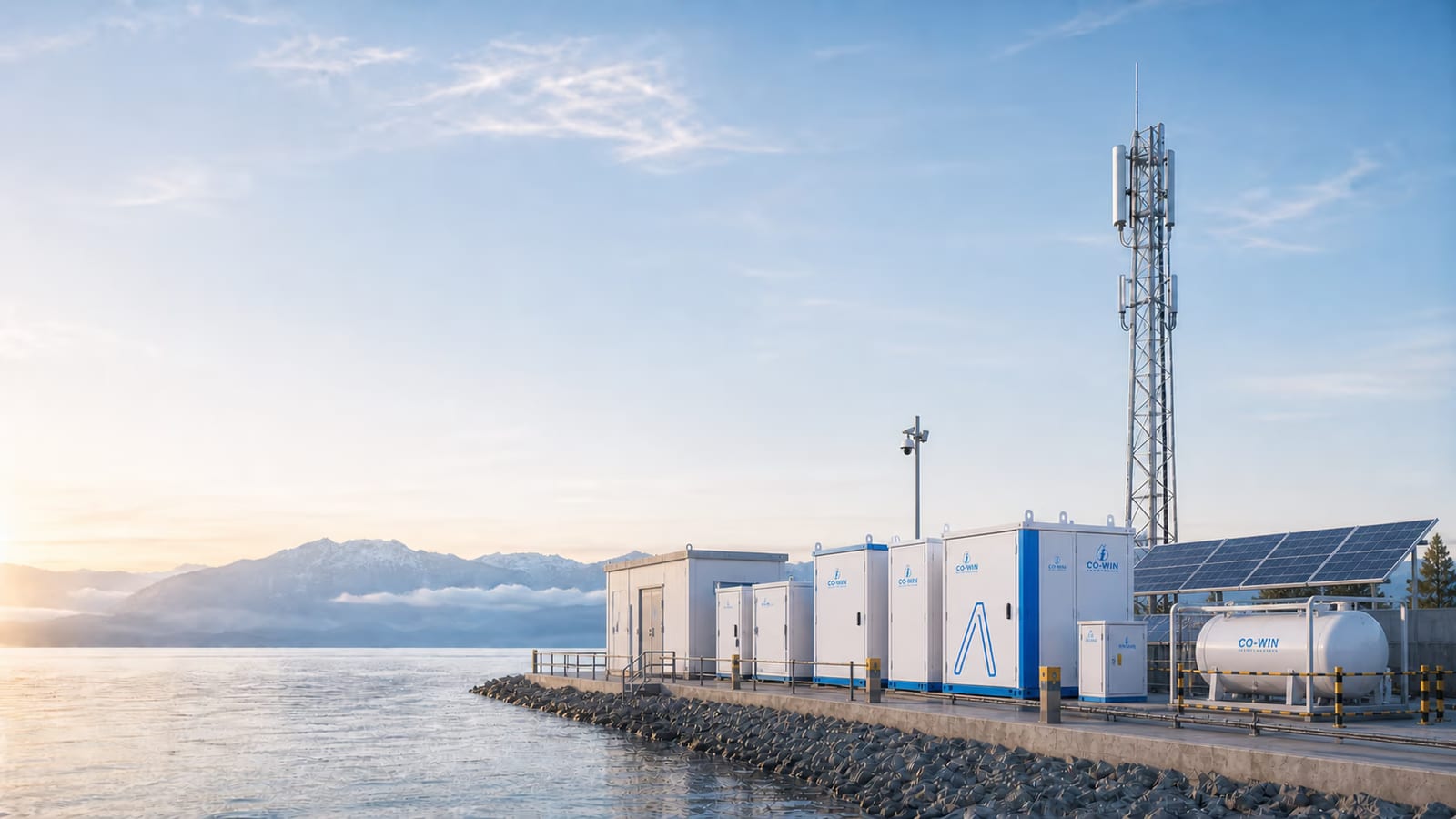 Modern clean-energy hydrogen production facility beside calm water