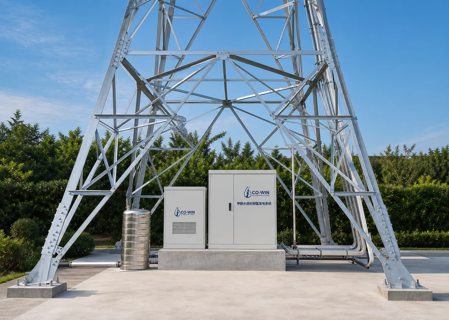 CO-WIN hydrogen backup power system installed beneath a telecom tower