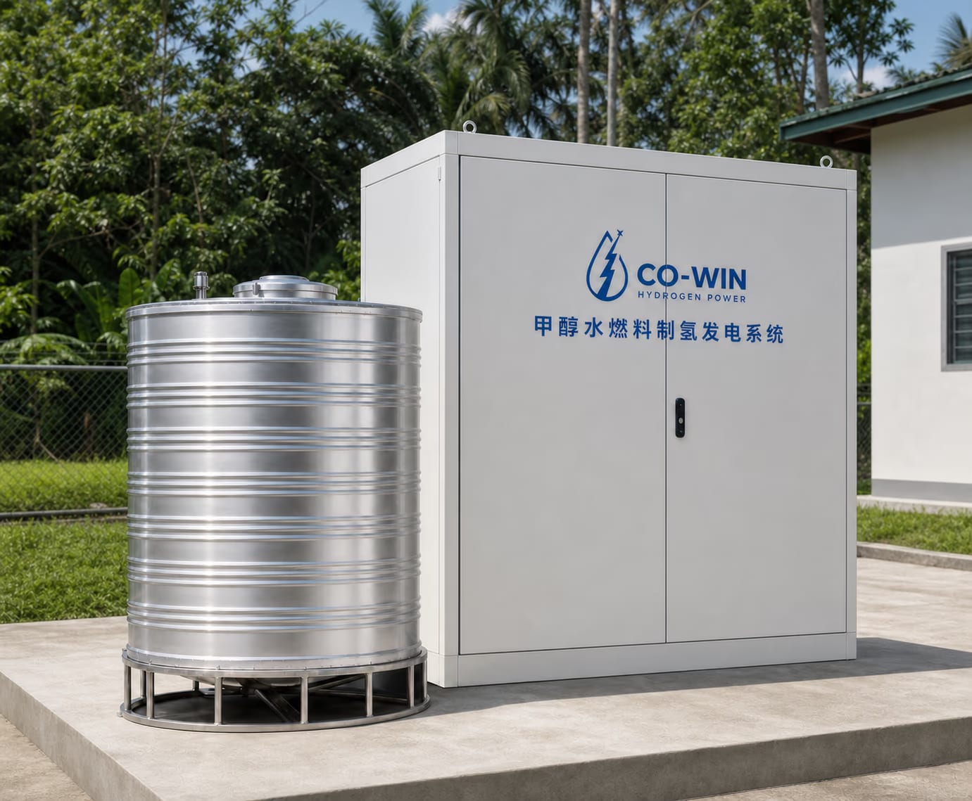 CO-WIN hydrogen fuel cell generator and fuel tank at a Philippine island base station